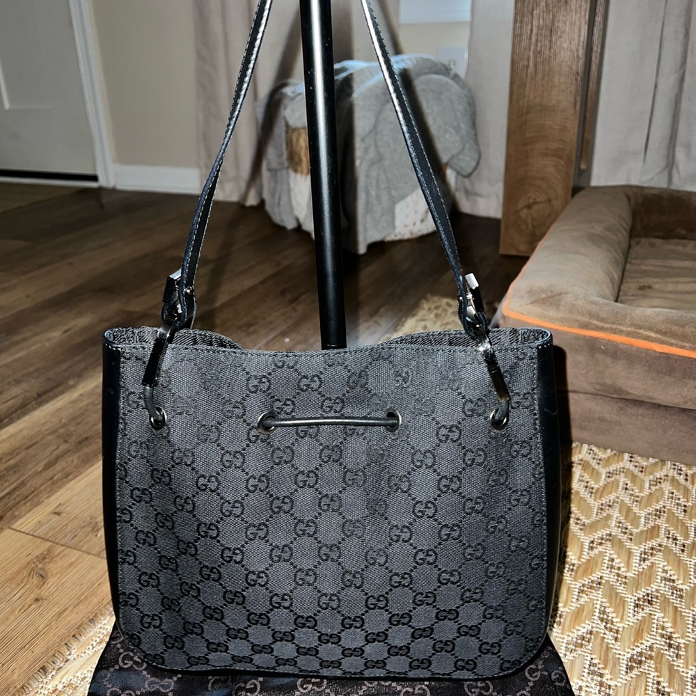 Gucci Black GG Canvas Leather Shoulder Bag